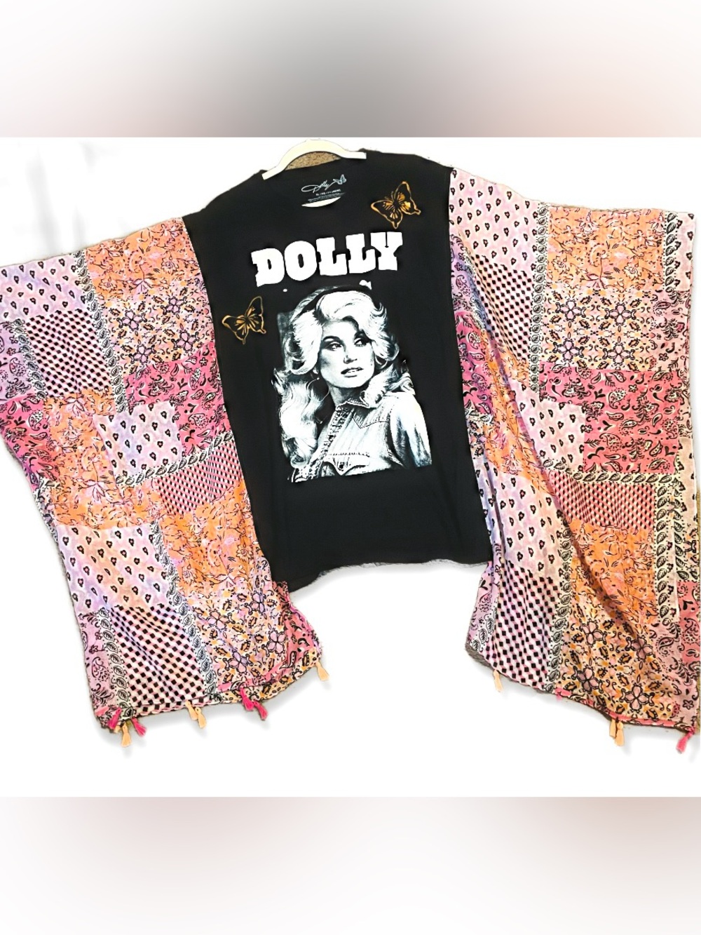 Custom Upcycled Dolly Graphic Tee with Pink & Orange Patchwork Sleeves XL-2XL - Picture 2 of 16